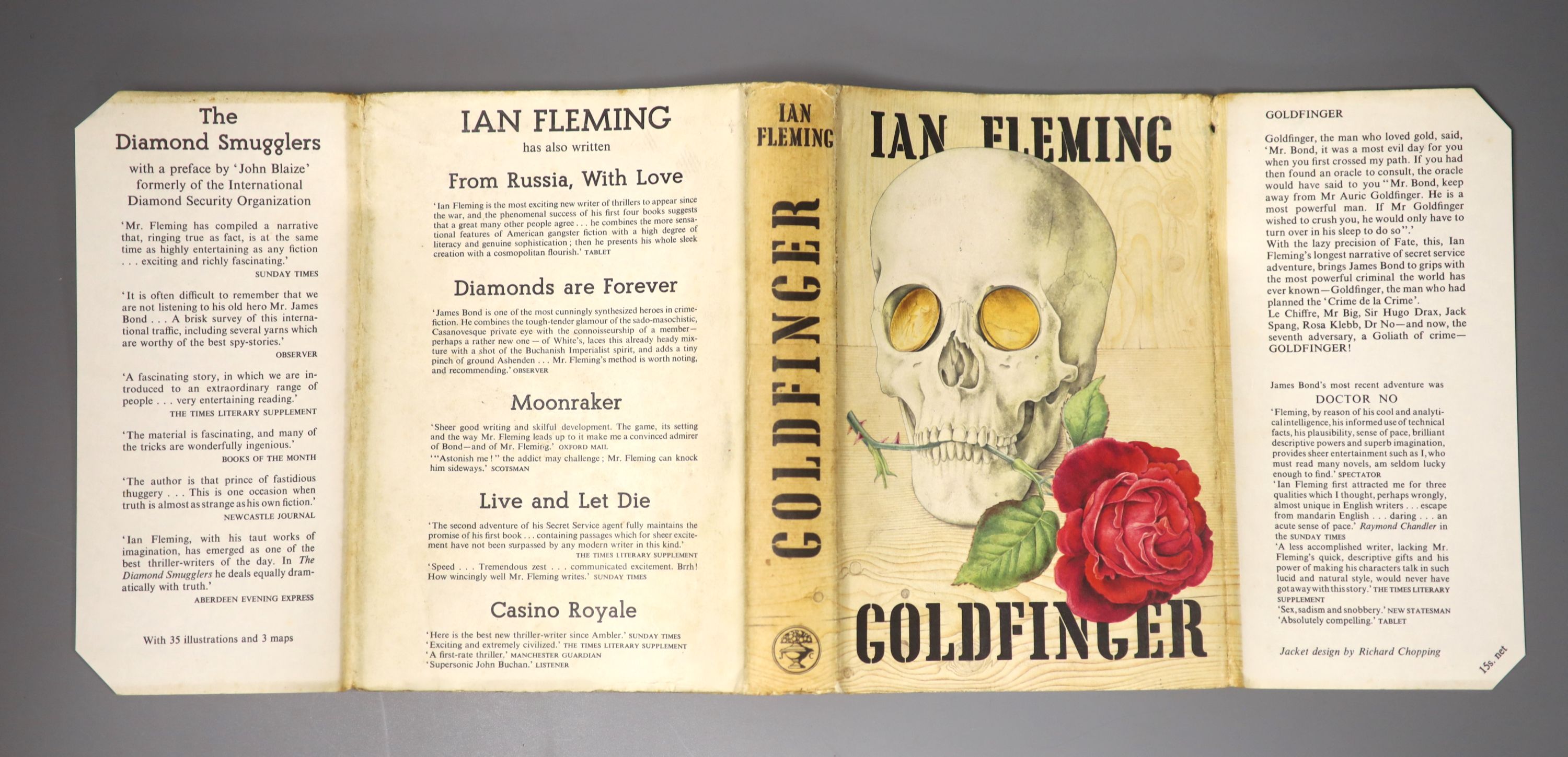 Fleming, Ian - Goldfinger, 1st edition, original black cloth with gilt lettering and embossed skull with unclipped d/j, designed by Richard Chopping, London, 1959